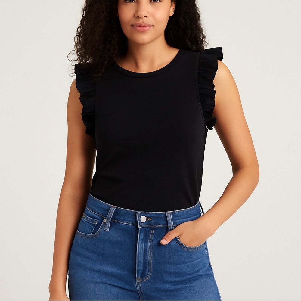 GAP XXL Black Ruffle Sleeve Tank Top | Cotton Blend Knit Sleeveless Tee